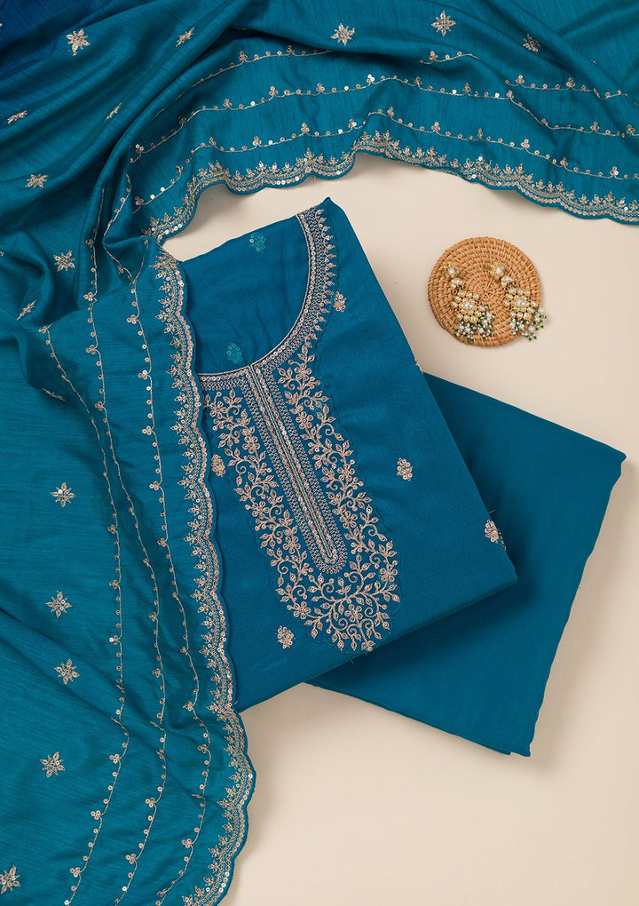 Turquoise Blue Cording Soft Raw Silk Unstitched Salwar Suit- koskii