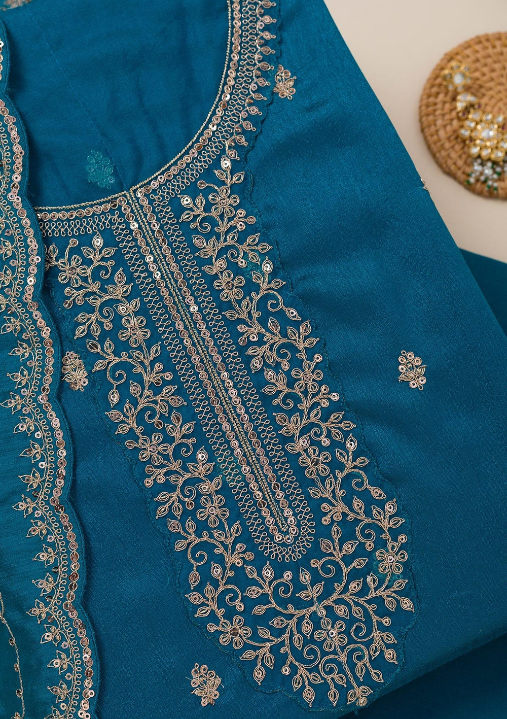 Turquoise Blue Cording Soft Raw Silk Unstitched Salwar Suit- koskii