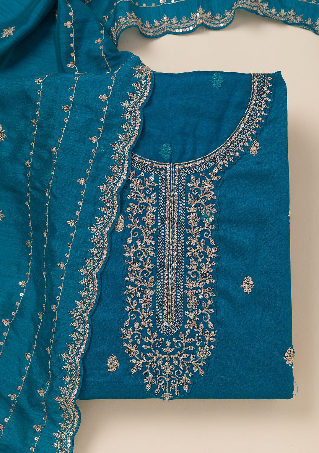 Turquoise Blue Cording Soft Raw Silk Unstitched Salwar Suit- koskii