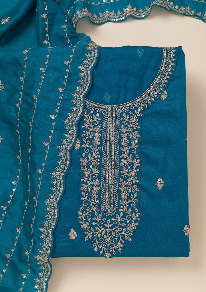 Turquoise Blue Cording Soft Raw Silk Unstitched Salwar Suit- koskii