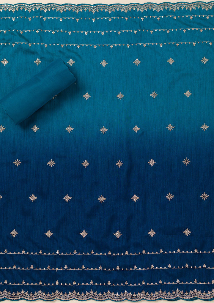 Turquoise Blue Cording Soft Raw Silk Unstitched Salwar Suit- koskii