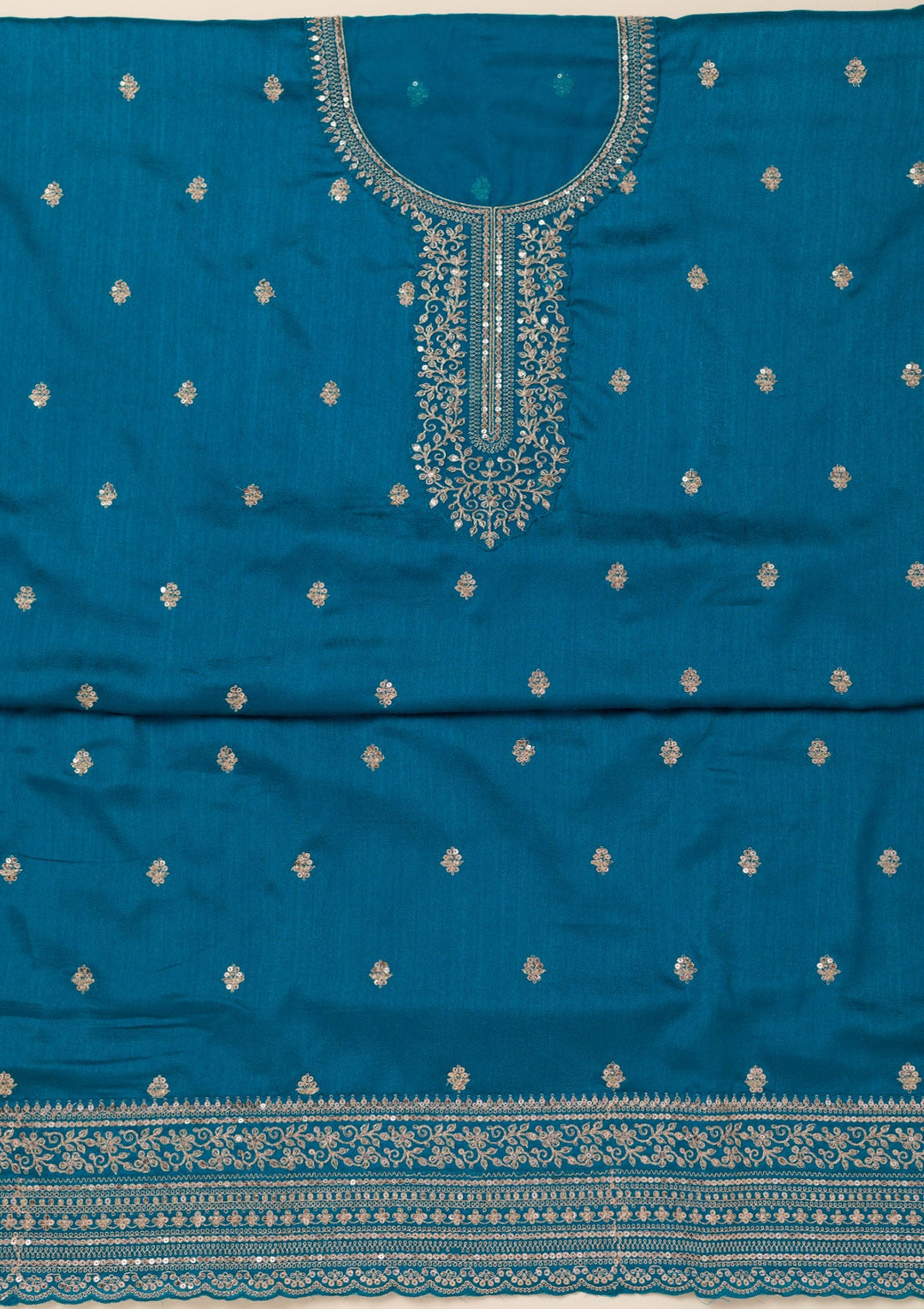 Turquoise Blue Cording Soft Raw Silk Unstitched Salwar Suit- koskii
