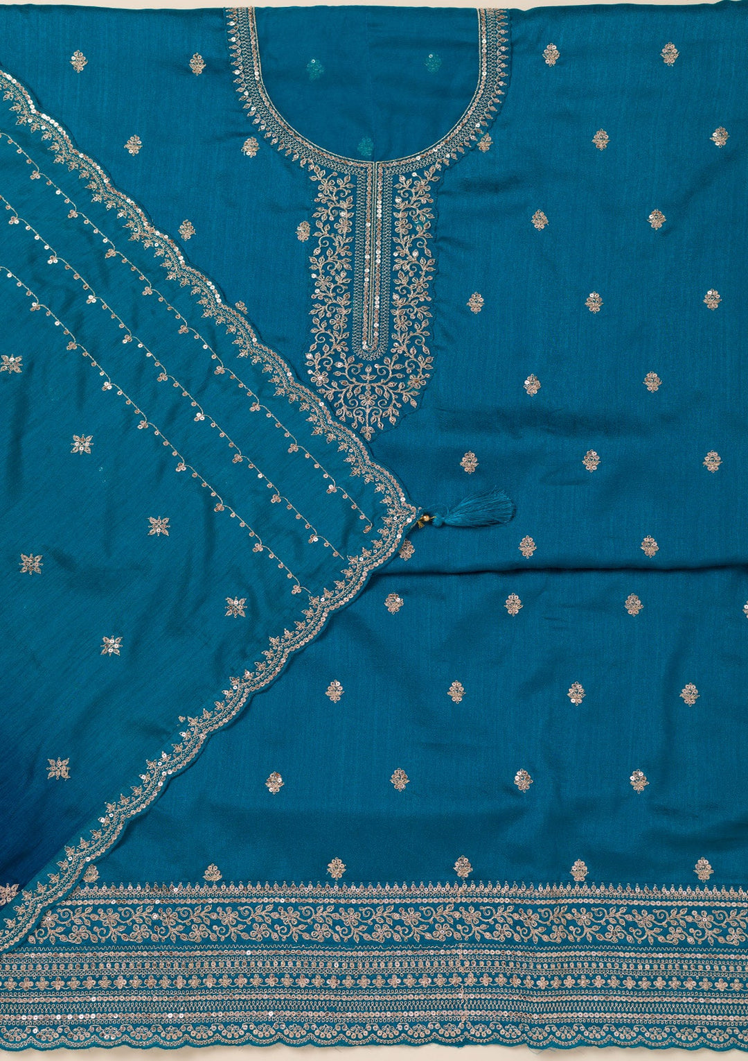 Turquoise Blue Cording Soft Raw Silk Unstitched Salwar Suit- koskii
