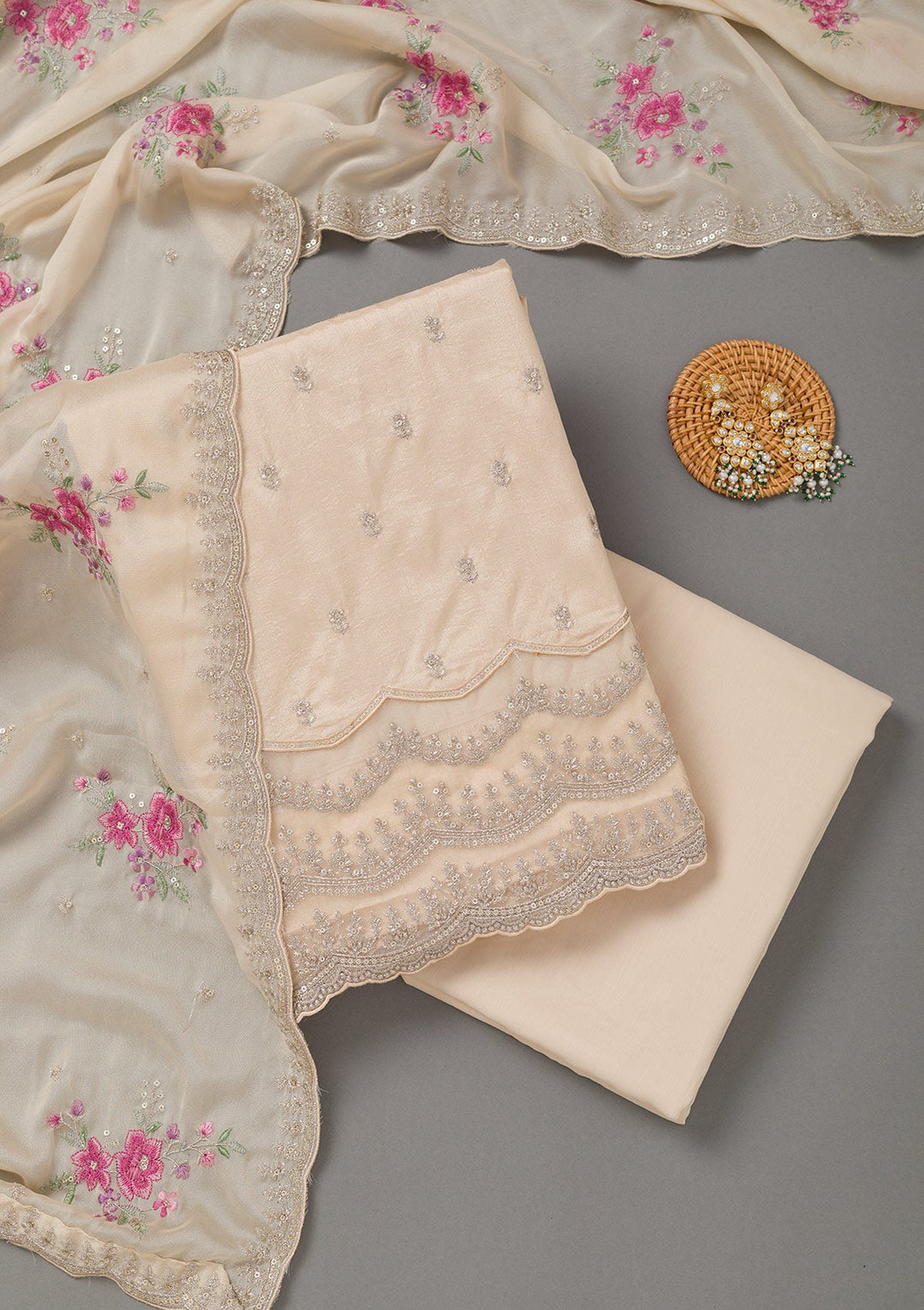 Beige Cording Soft Raw Silk Unstitched Salwar Suit- koskii
