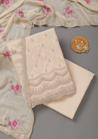 Beige Cording Soft Raw Silk Unstitched Salwar Suit- koskii