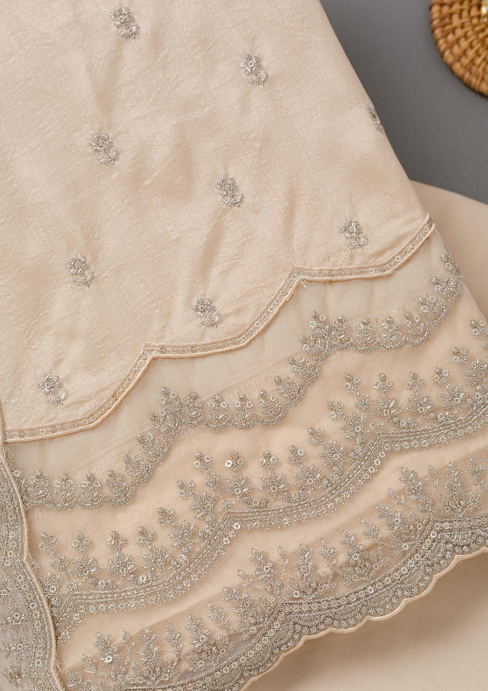 Beige Cording Soft Raw Silk Unstitched Salwar Suit- koskii