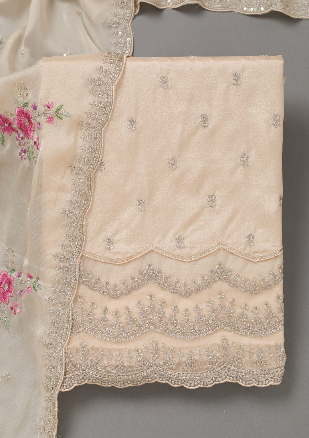 Beige Cording Soft Raw Silk Unstitched Salwar Suit- koskii