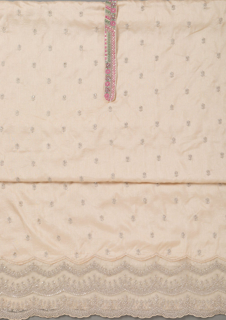 Beige Cording Soft Raw Silk Unstitched Salwar Suit- koskii