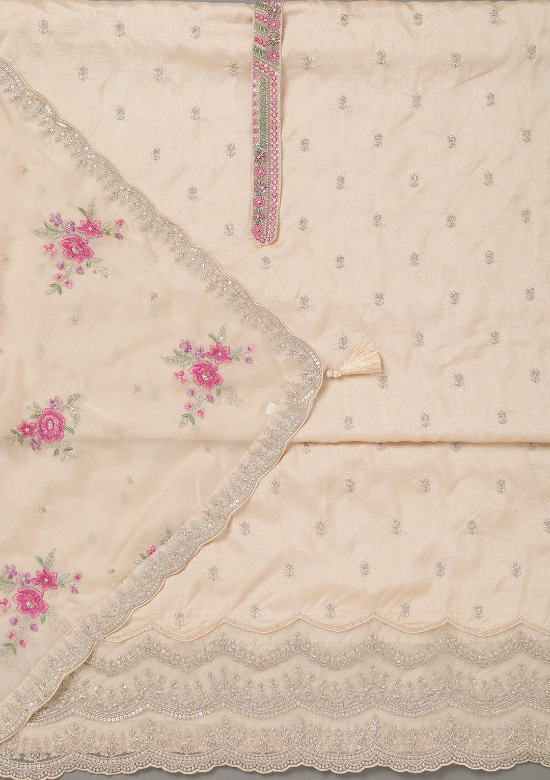 Beige Cording Soft Raw Silk Unstitched Salwar Suit- koskii