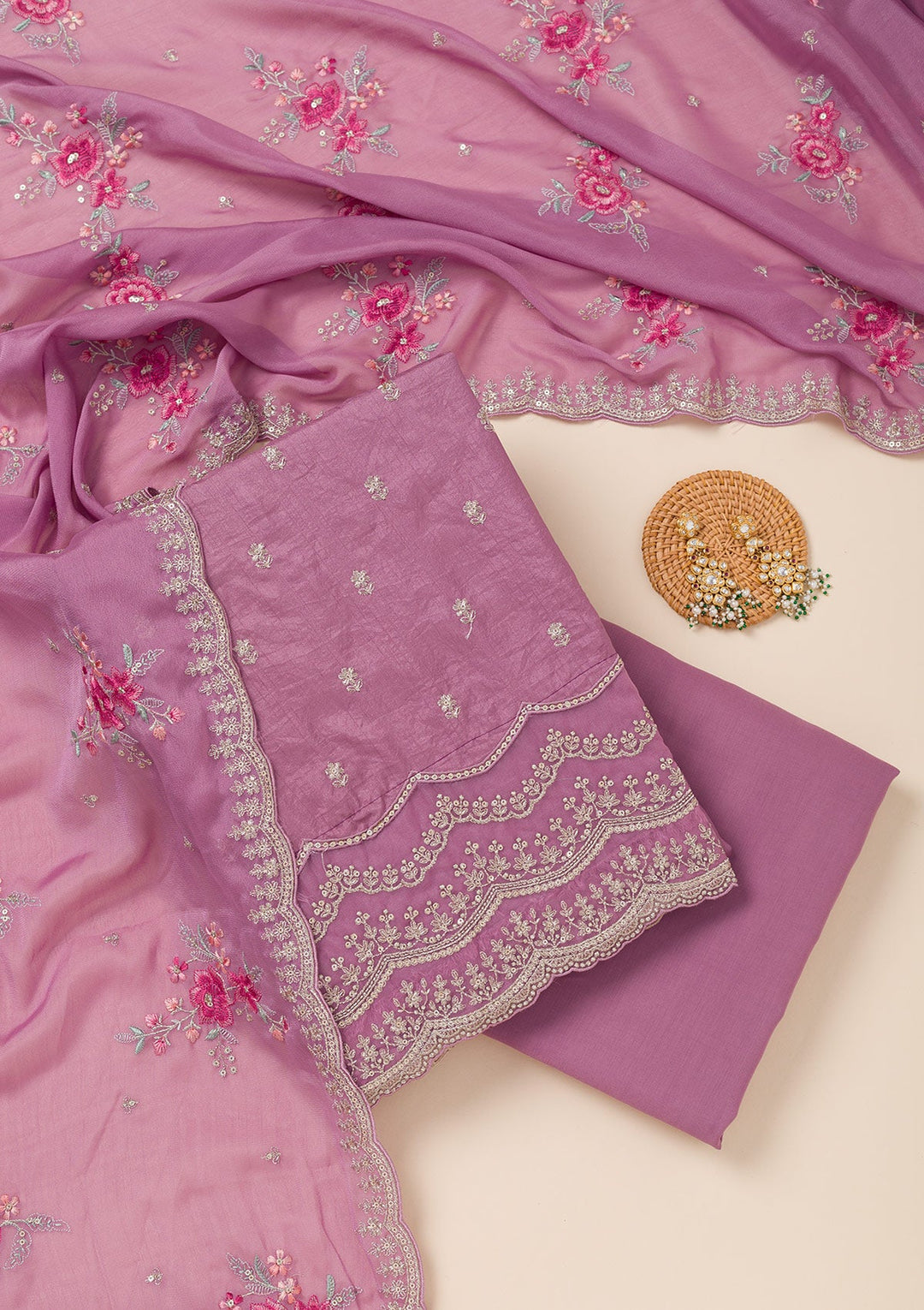 Lavender Cording Soft Raw Silk Unstitched Salwar Suit- koskii