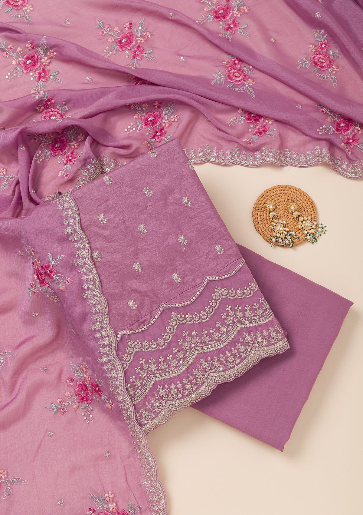 Lavender Cording Soft Raw Silk Unstitched Salwar Suit- koskii