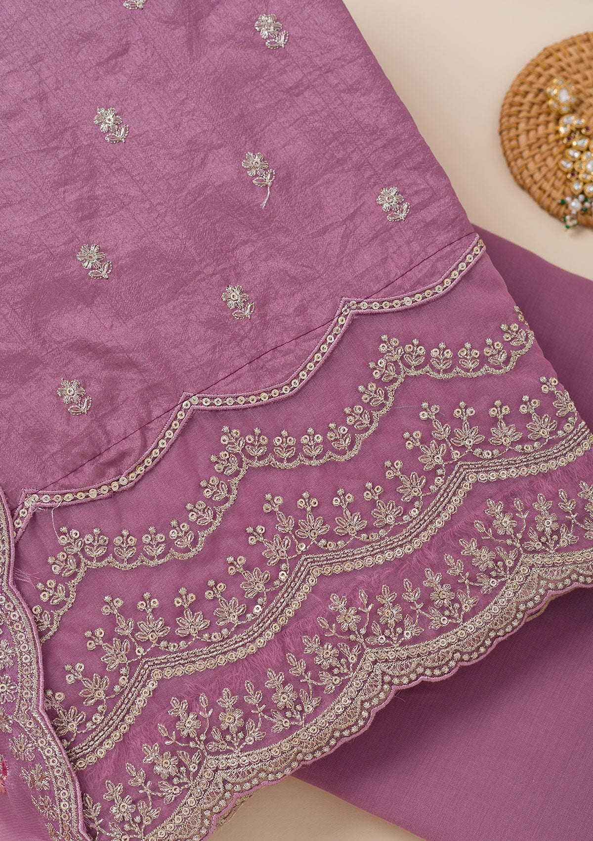 Lavender Cording Soft Raw Silk Unstitched Salwar Suit- koskii