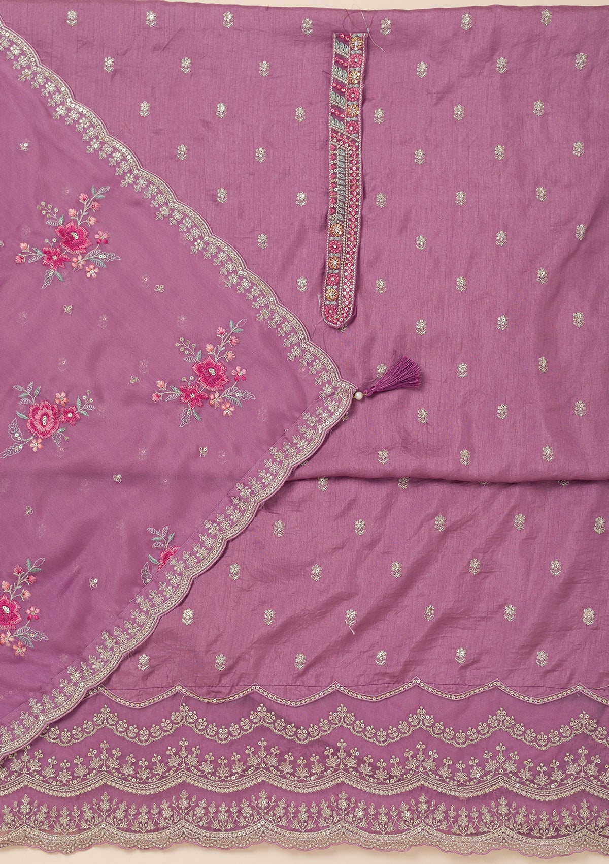 Lavender Cording Soft Raw Silk Unstitched Salwar Suit- koskii