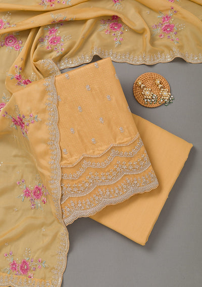 Yellow Cording Soft Raw Silk Unstitched Salwar Suit- koskii