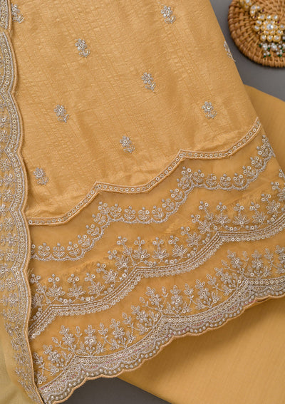Yellow Cording Soft Raw Silk Unstitched Salwar Suit- koskii