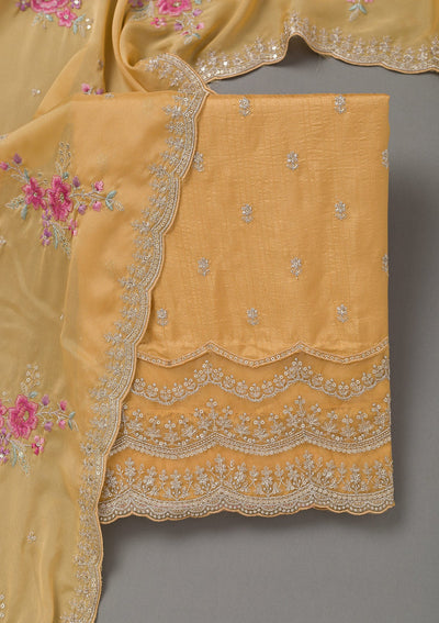 Yellow Cording Soft Raw Silk Unstitched Salwar Suit- koskii