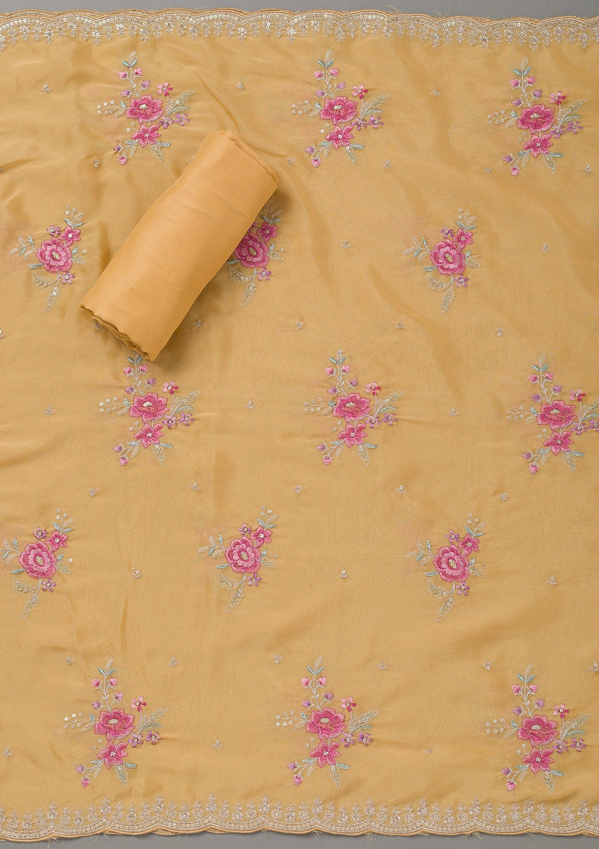 Yellow Cording Soft Raw Silk Unstitched Salwar Suit- koskii