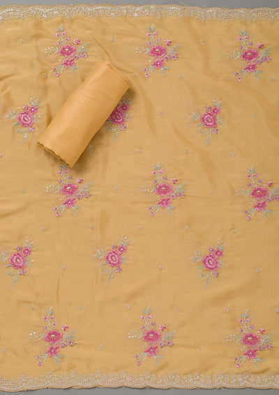 Yellow Cording Soft Raw Silk Unstitched Salwar Suit- koskii