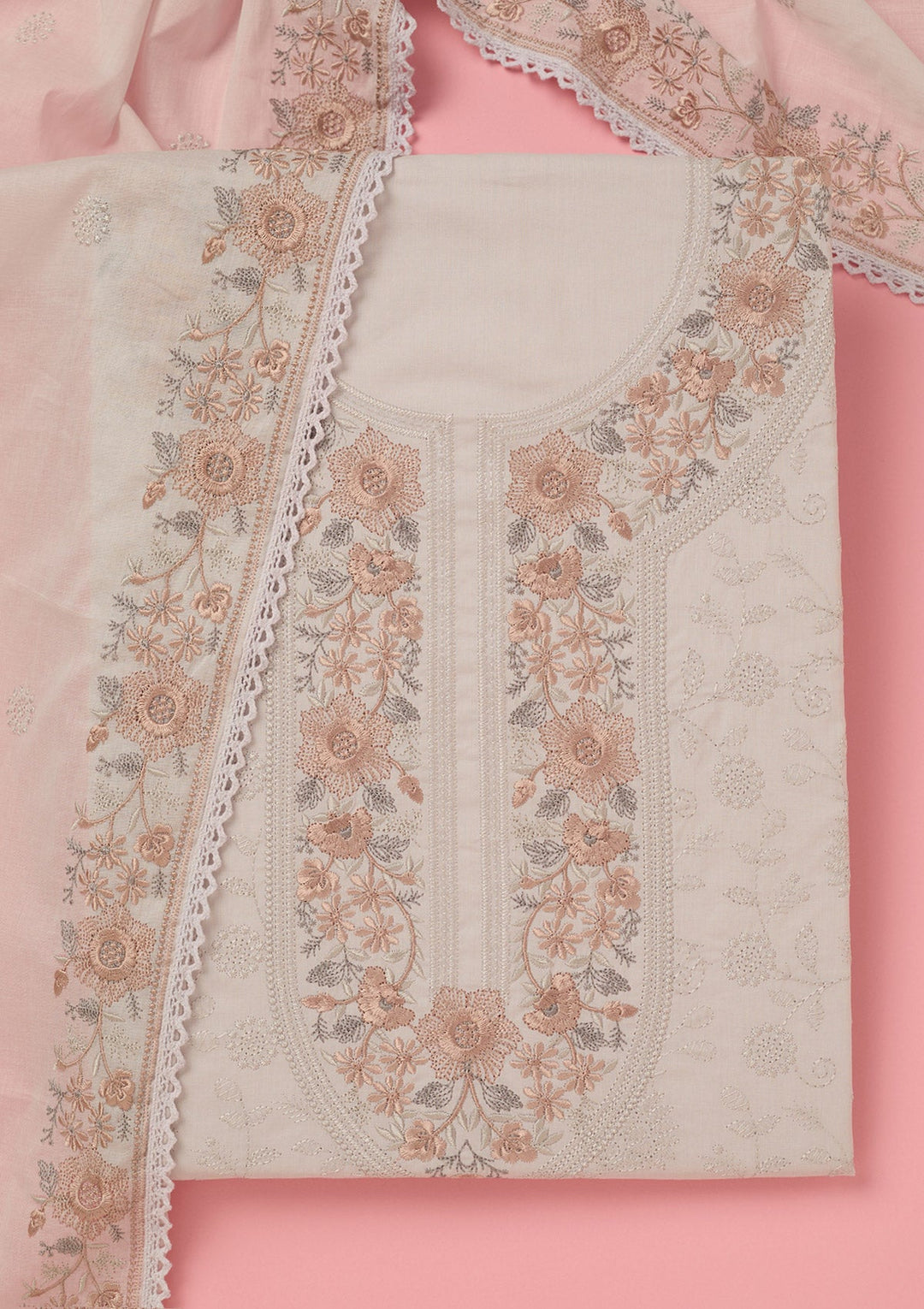 Light Grey Threadwork Cotton Unstitched Salwar Suit-koskii