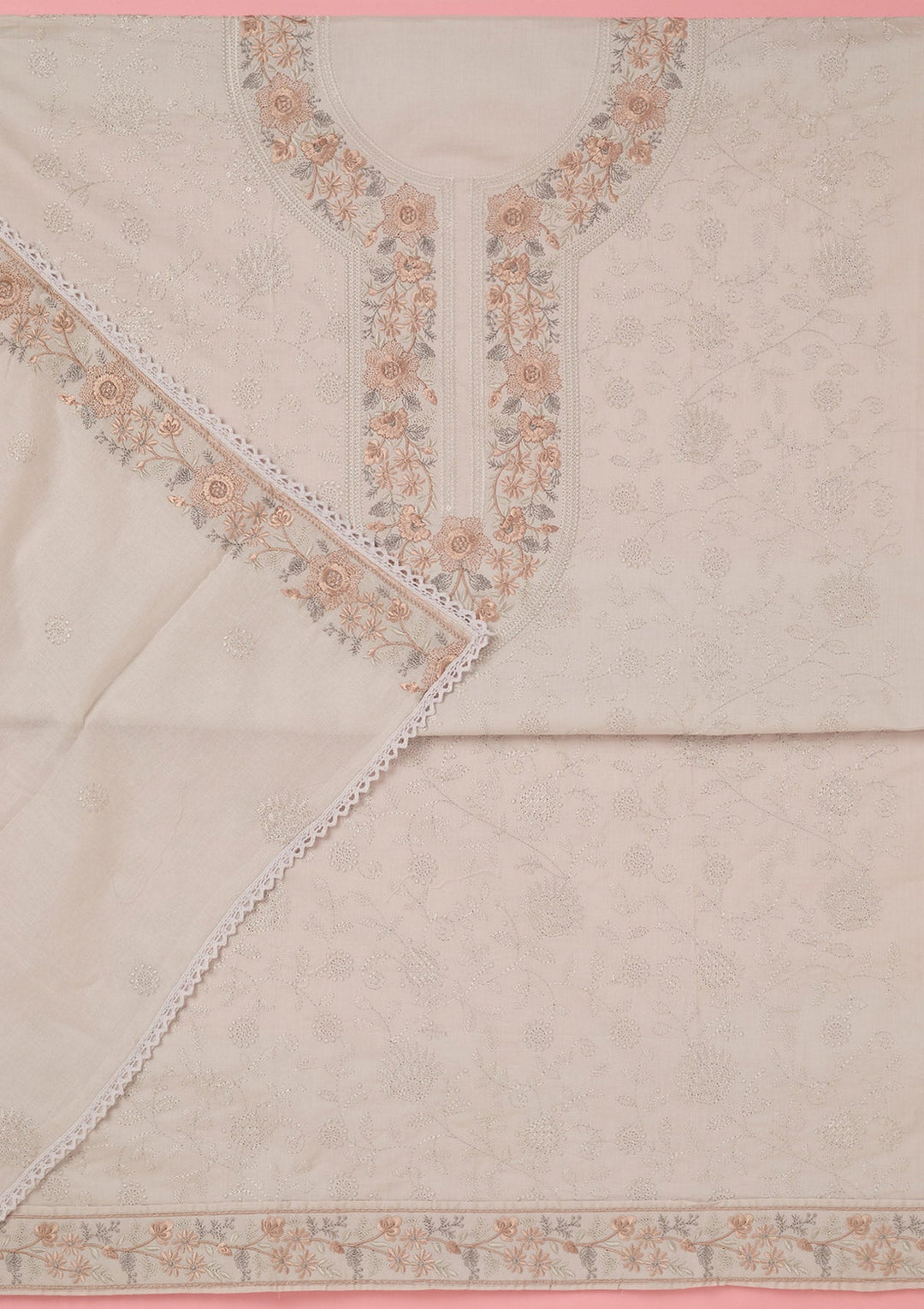 Light Grey Threadwork Cotton Unstitched Salwar Suit-koskii