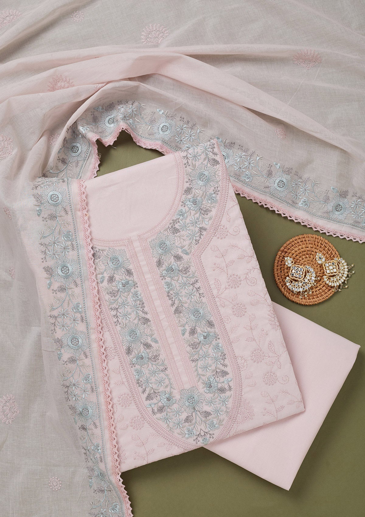 Peach Threadwork Cotton Unstitched Salwar Suit-koskii