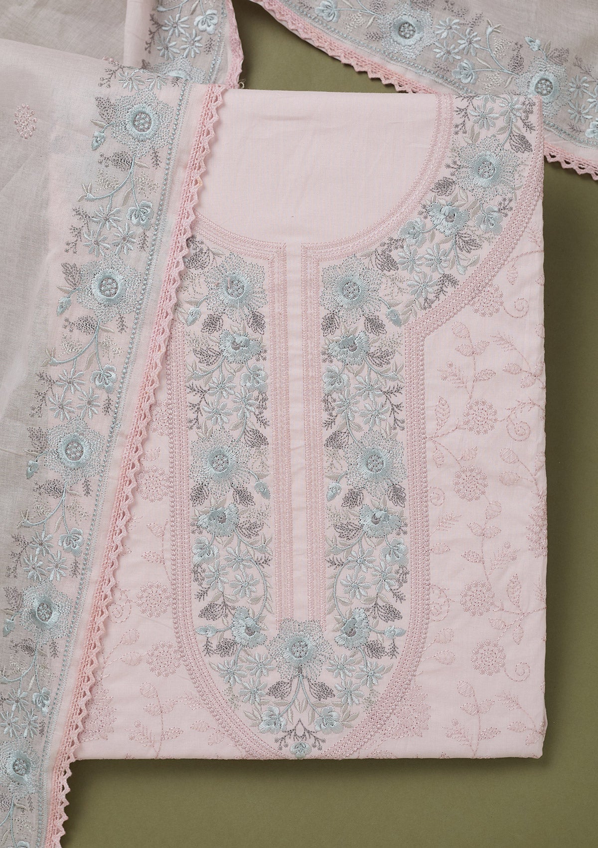 Peach Threadwork Cotton Unstitched Salwar Suit-koskii
