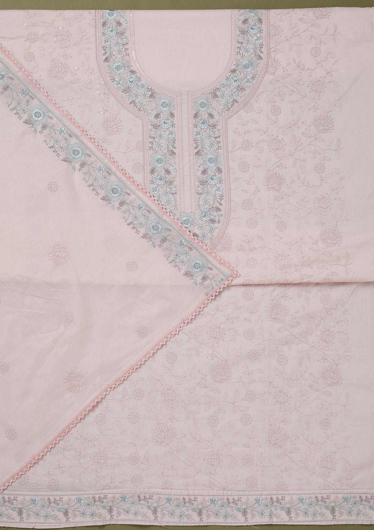 Peach Threadwork Cotton Unstitched Salwar Suit-koskii