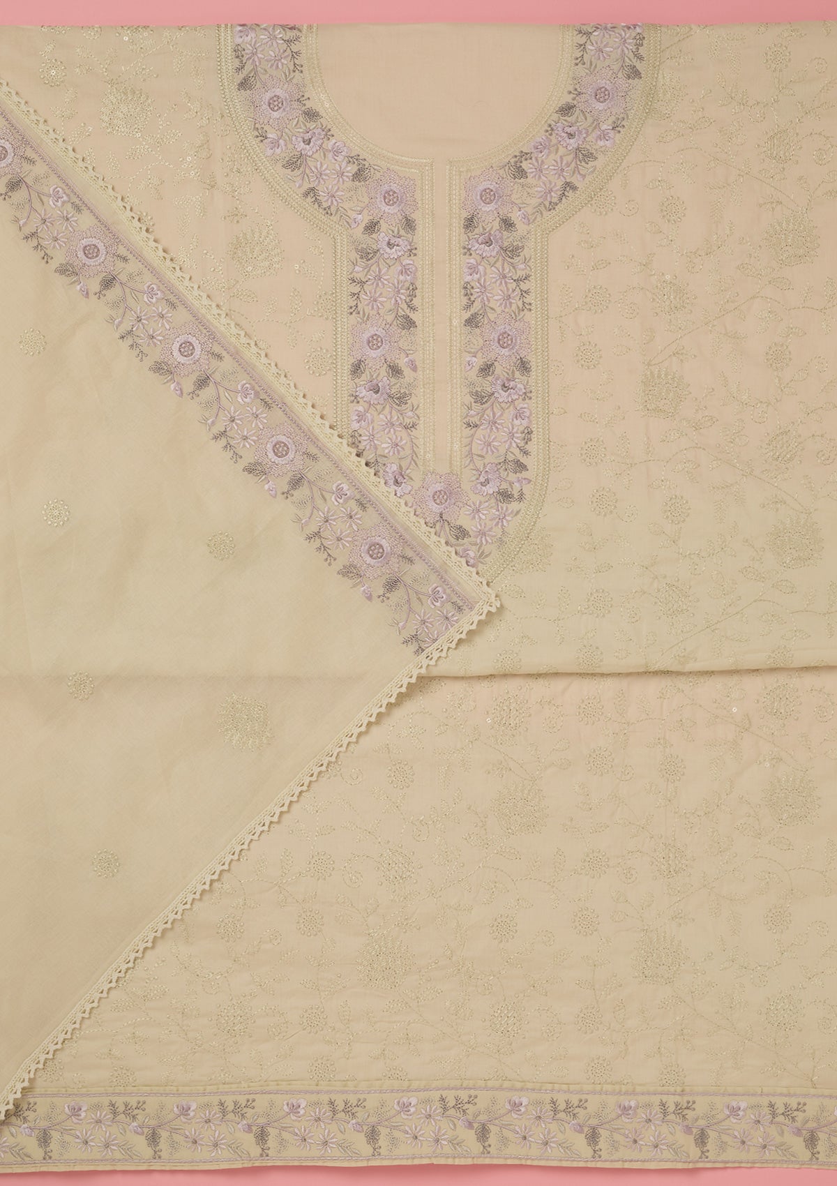 Pista Green Threadwork Cotton Unstitched Salwar Suit-koskii