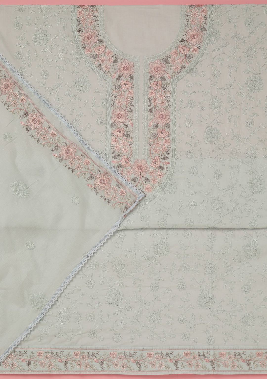 Sky Blue Threadwork Cotton Unstitched Salwar Suit-koskii