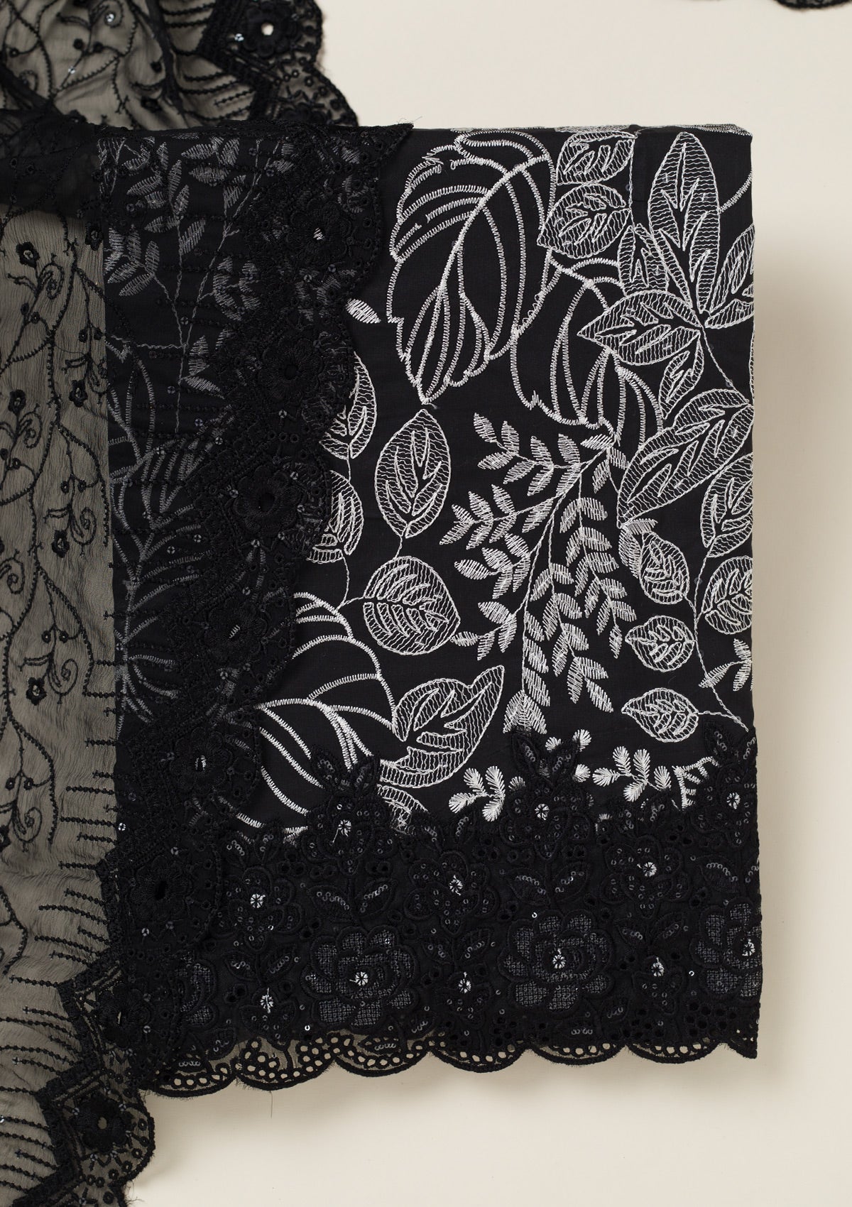 Black Threadwork Cotton Unstitched Salwar Suit-koskii