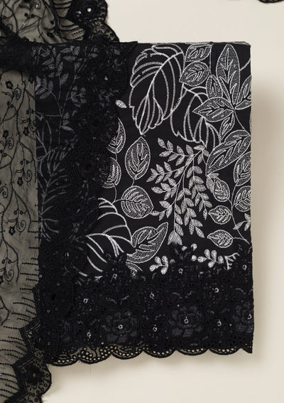 Black Threadwork Cotton Unstitched Salwar Suit-koskii