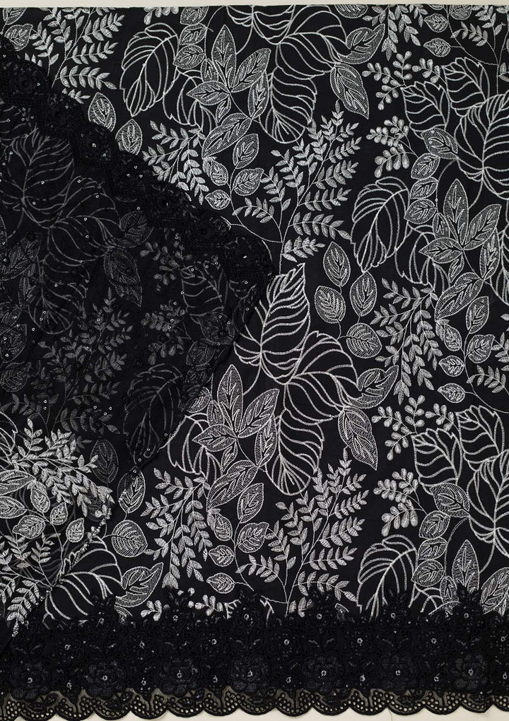 Black Threadwork Cotton Unstitched Salwar Suit-koskii