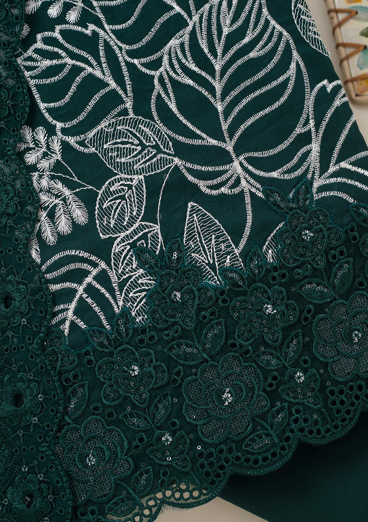 Bottle Green Threadwork Cotton Unstitched Salwar Suit-koskii