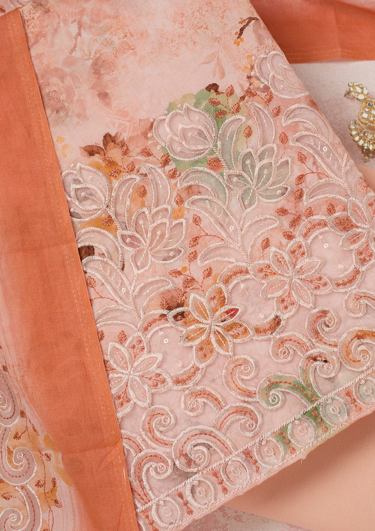 Beige Cording Chinon Readymade salwar suit-koskii