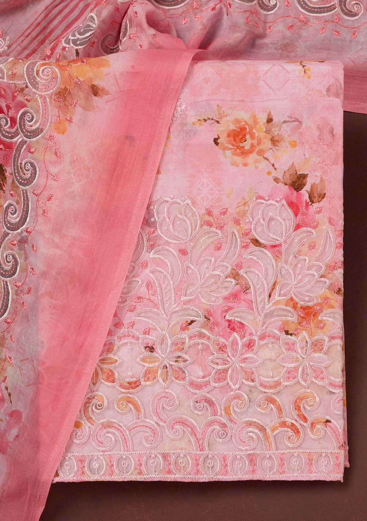 Pink Threadwork Linen Unstitched Salwar Suit-koskii