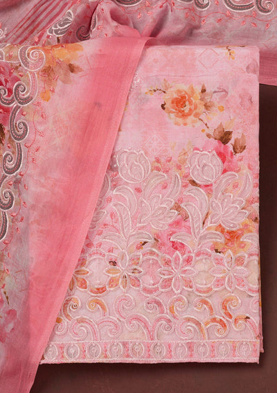 Pink Threadwork Linen Unstitched Salwar Suit-koskii