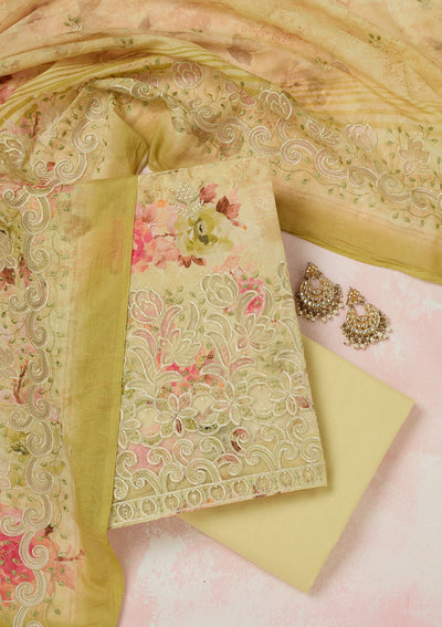 Pista Green Threadwork Linen Unstitched Salwar Suit-koskii