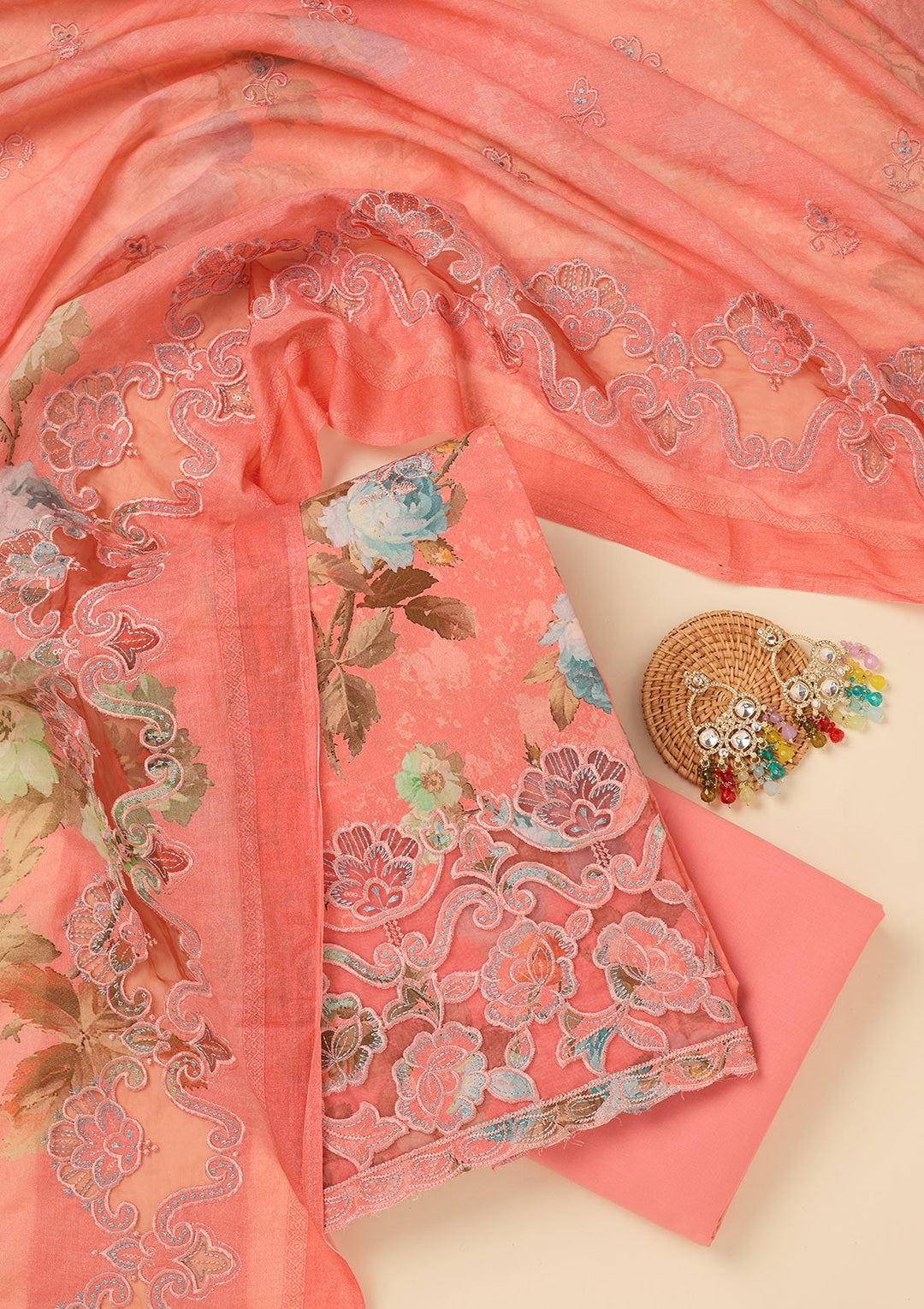 Peach Threadwork Cotton Unstitched Salwar Suit-koskii