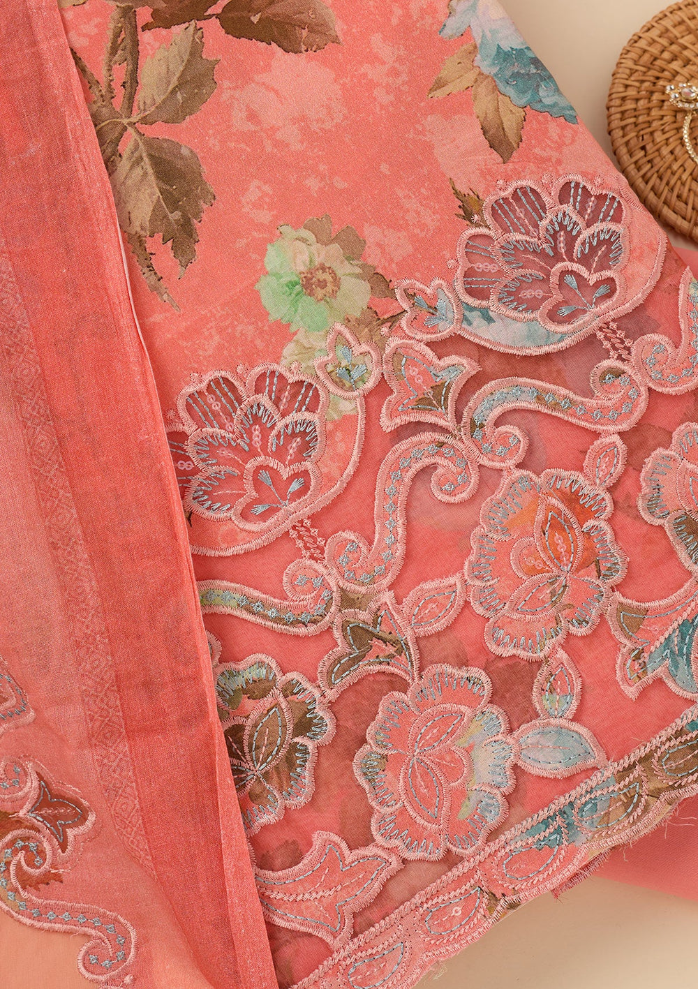 Peach Threadwork Cotton Unstitched Salwar Suit-koskii