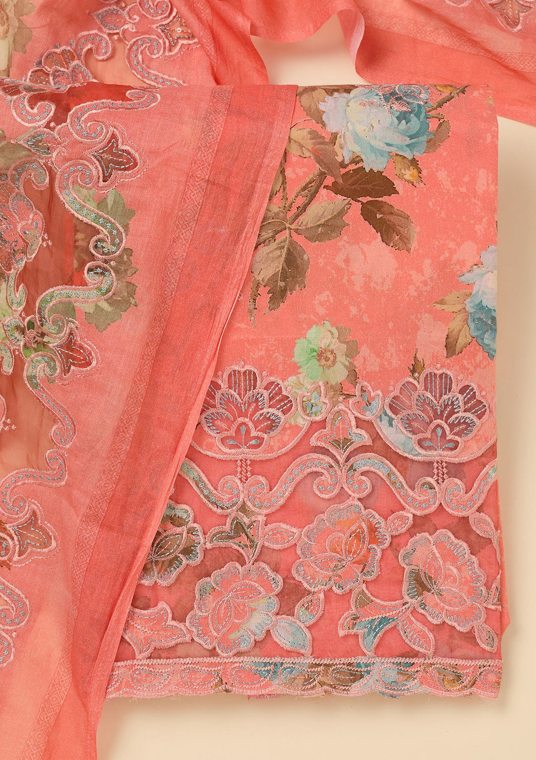 Peach Threadwork Cotton Unstitched Salwar Suit-koskii