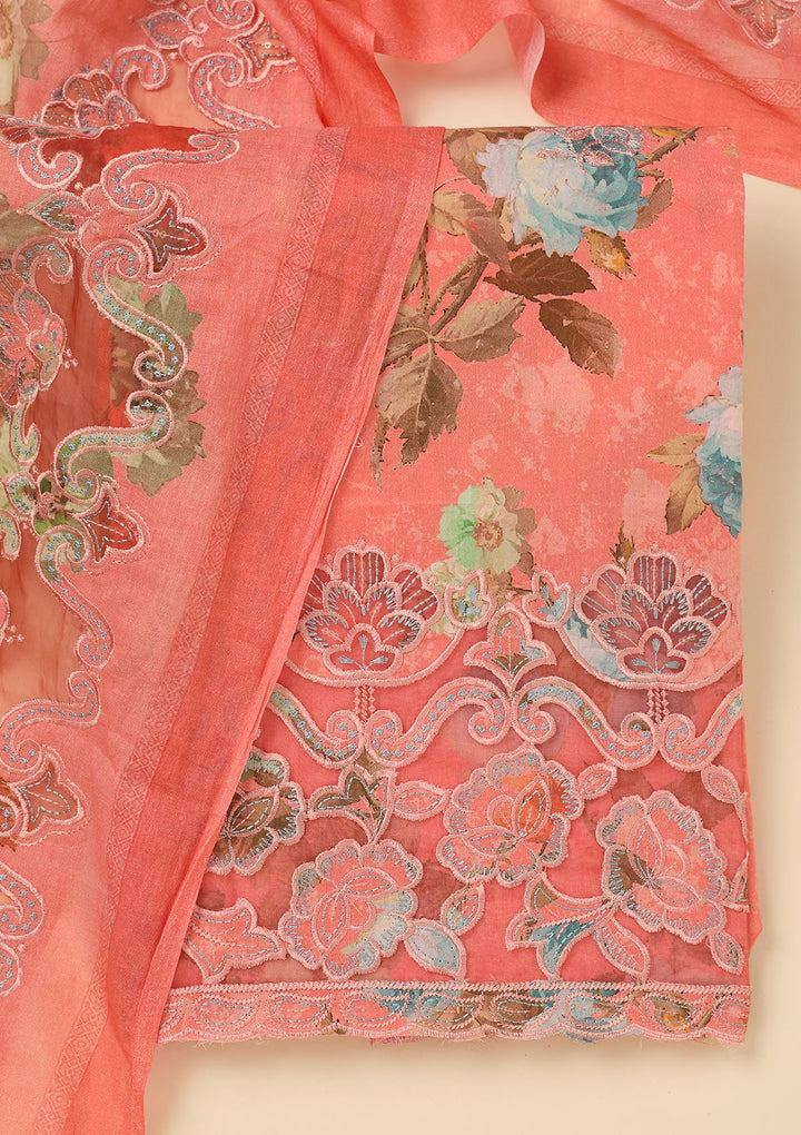 Peach Threadwork Cotton Unstitched Salwar Suit-koskii