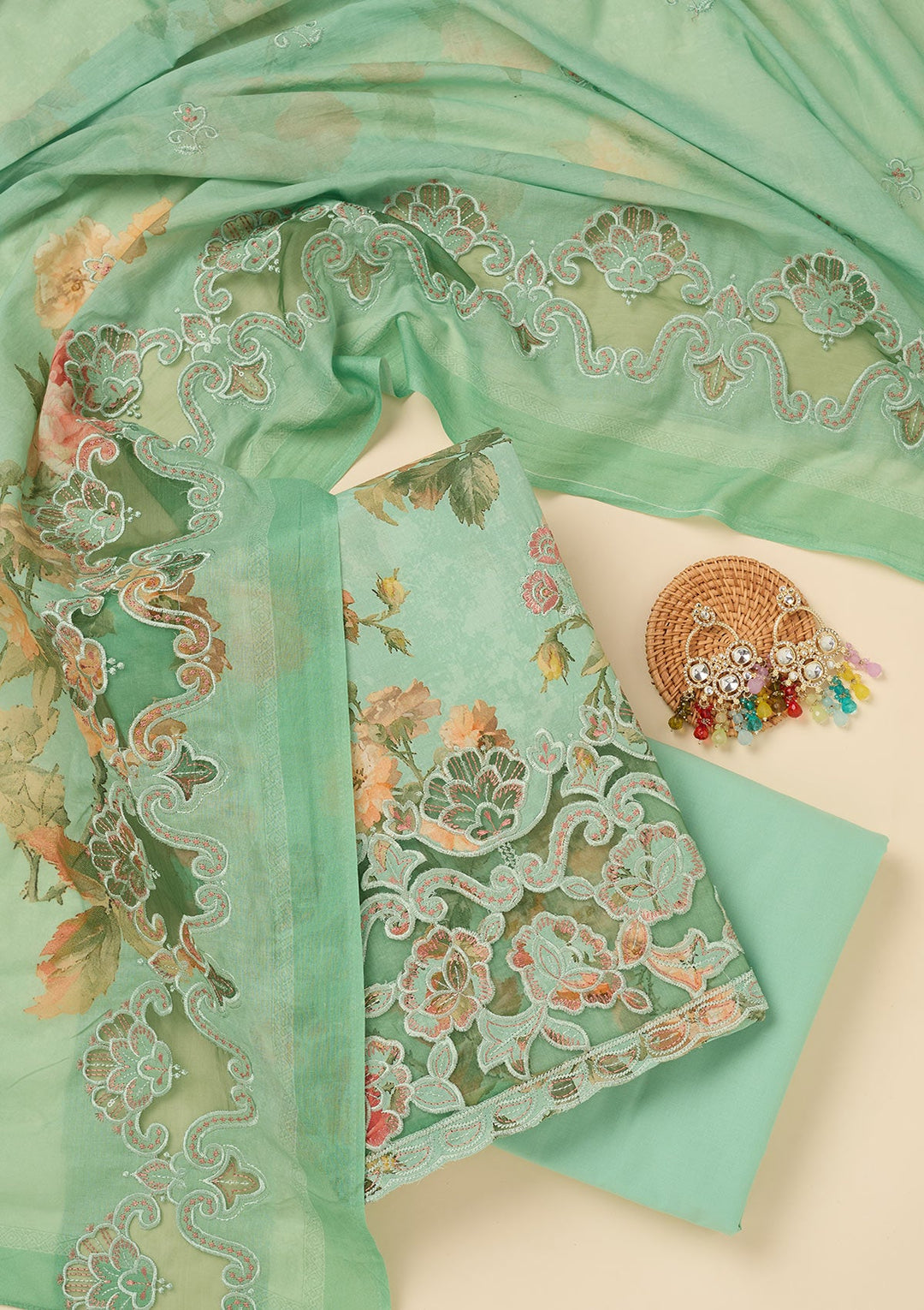 Sea Green Threadwork Cotton Unstitched Salwar Suit-koskii