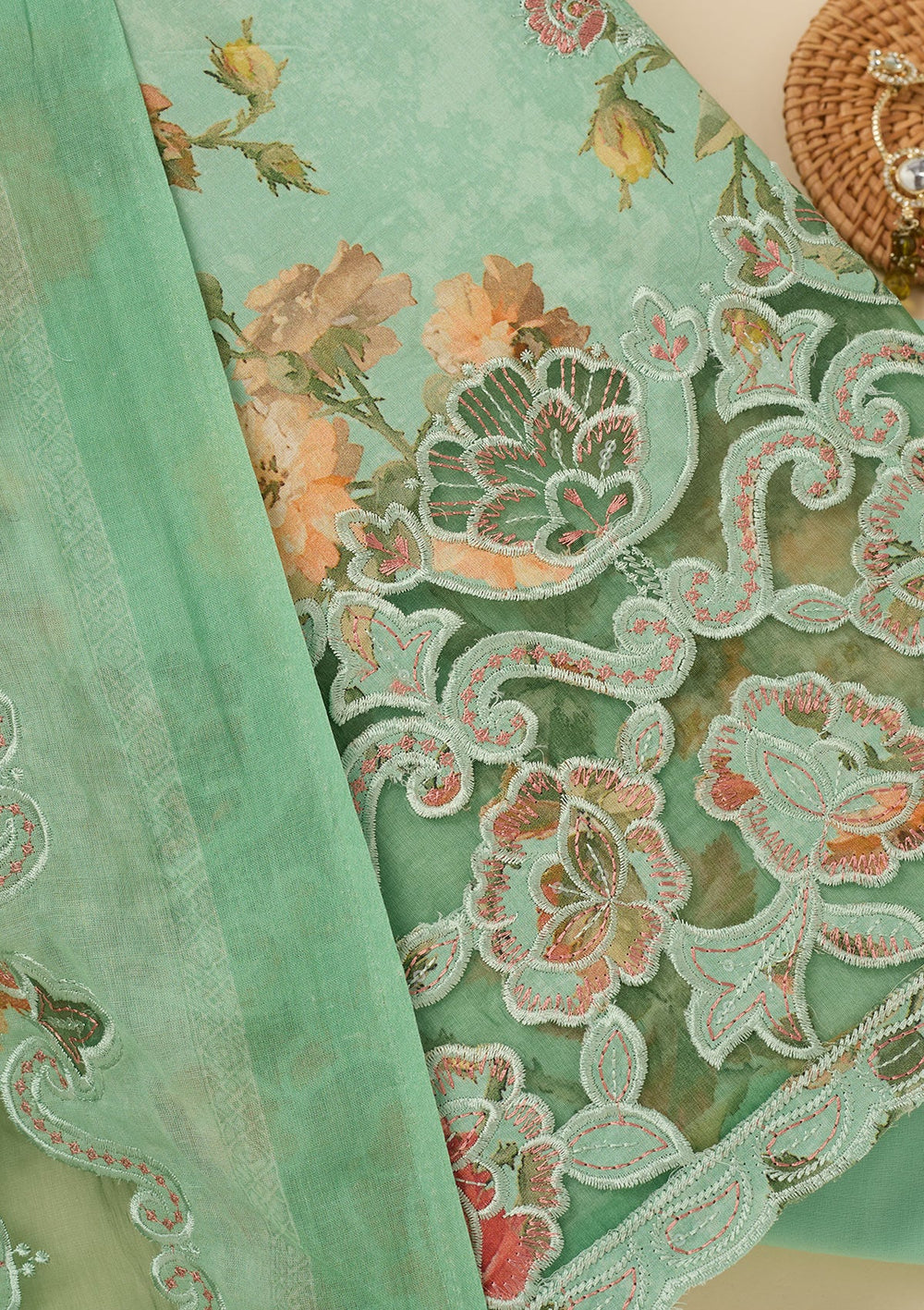 Sea Green Threadwork Cotton Unstitched Salwar Suit-koskii