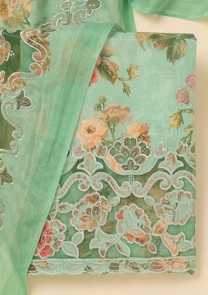 Sea Green Threadwork Cotton Unstitched Salwar Suit-koskii