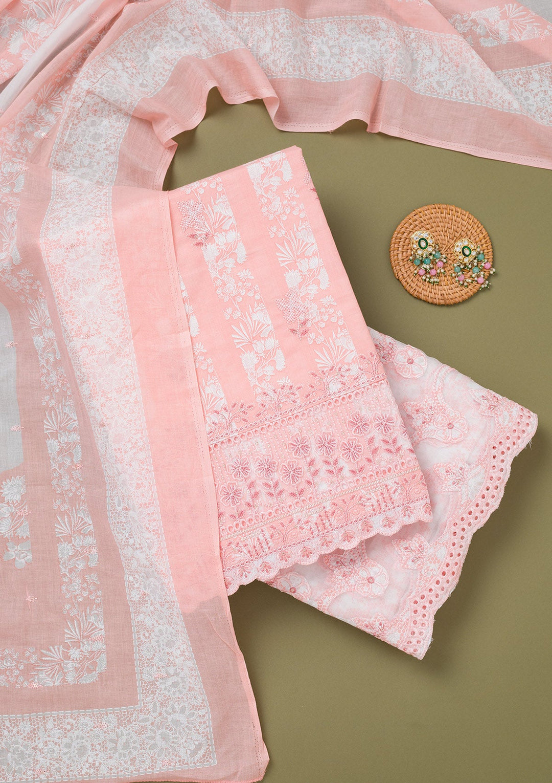 Peach Threadwork Cotton Unstitched Salwar Suit-koskii