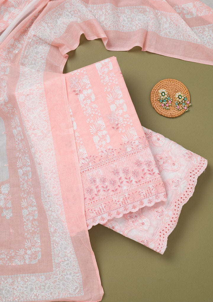 Peach Threadwork Cotton Unstitched Salwar Suit-koskii