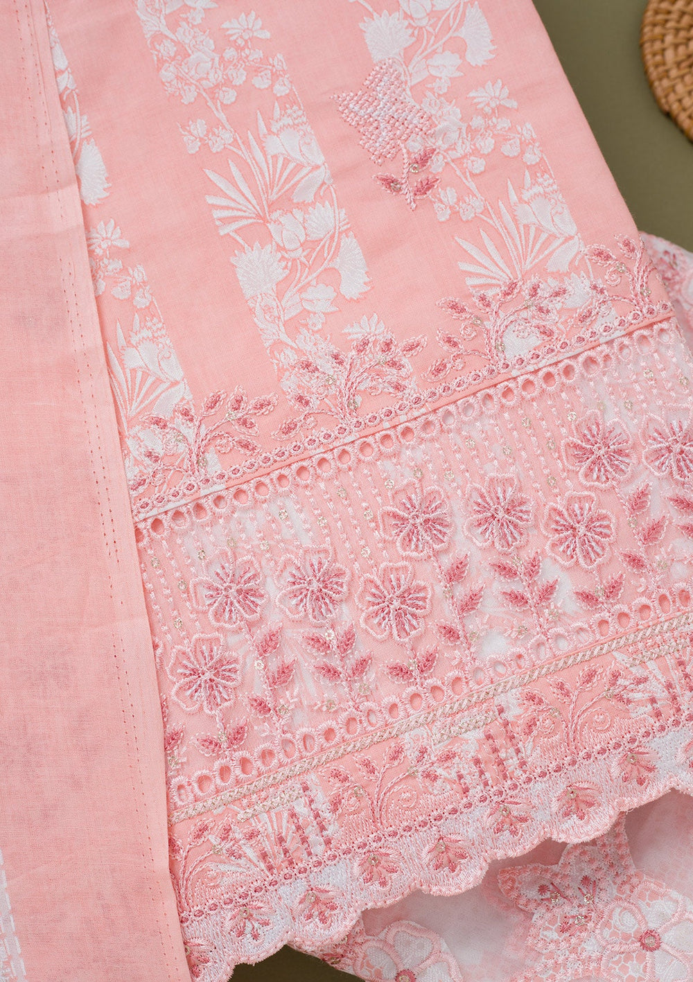 Peach Threadwork Cotton Unstitched Salwar Suit-koskii
