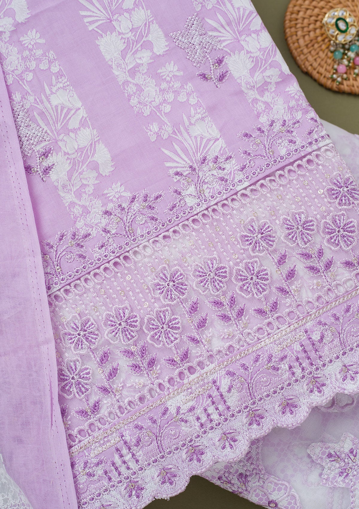 Purple Threadwork Cotton Unstitched Salwar Suit-koskii
