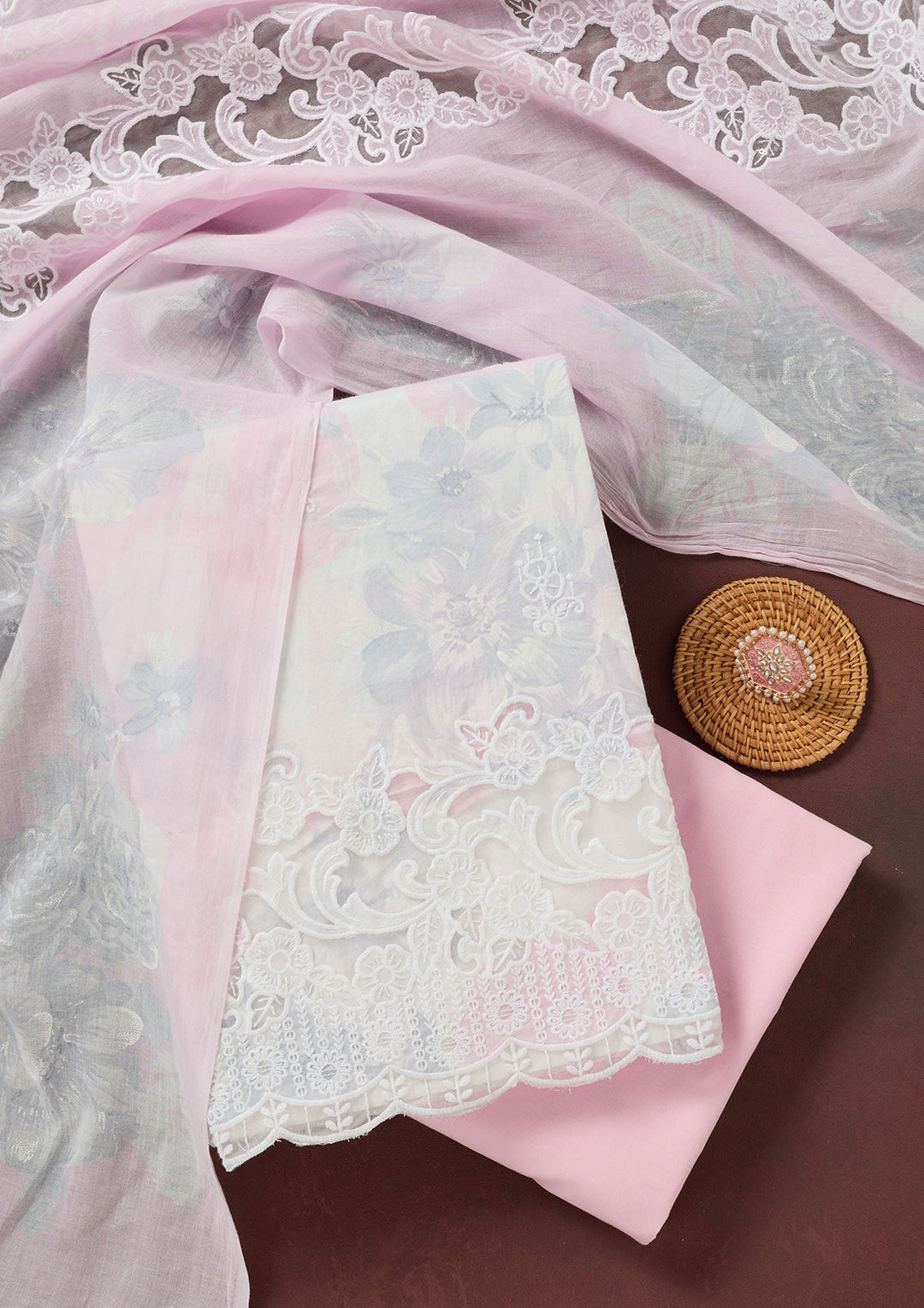 Baby Pink Threadwork Cotton Unstitched Salwar Suit-koskii