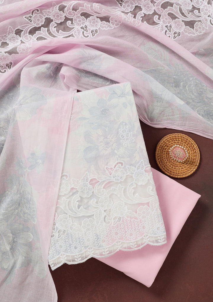 Baby Pink Threadwork Cotton Unstitched Salwar Suit-koskii